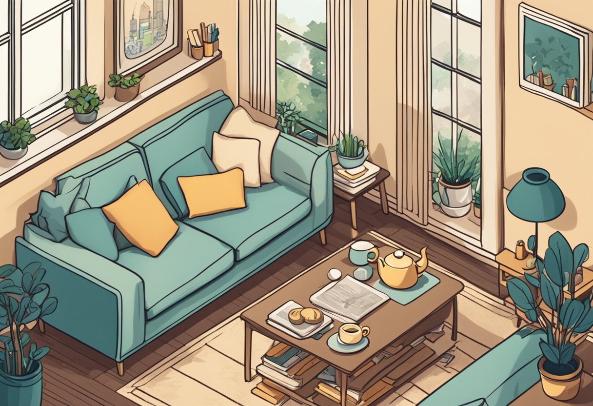 A cozy living room with a warm cup of tea on the table, a notebook filled with baby name ideas, and a happy, relaxed atmosphere