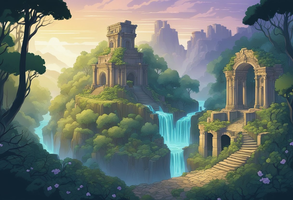 A misty forest with swirling vines and glowing flowers, surrounded by ancient ruins and a shimmering waterfall