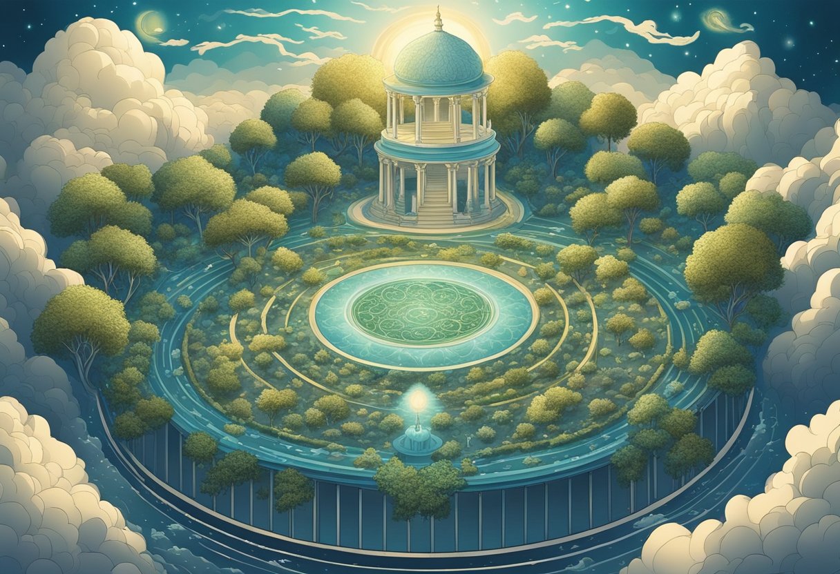A celestial garden with swirling clouds and glowing flora, evoking a sense of ancient mythology and divine origins