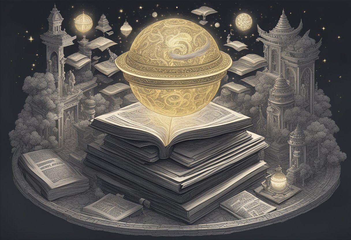 A glowing orb hovers over a stack of ancient texts, surrounded by swirling symbols and mythical creatures. The air crackles with creative energy