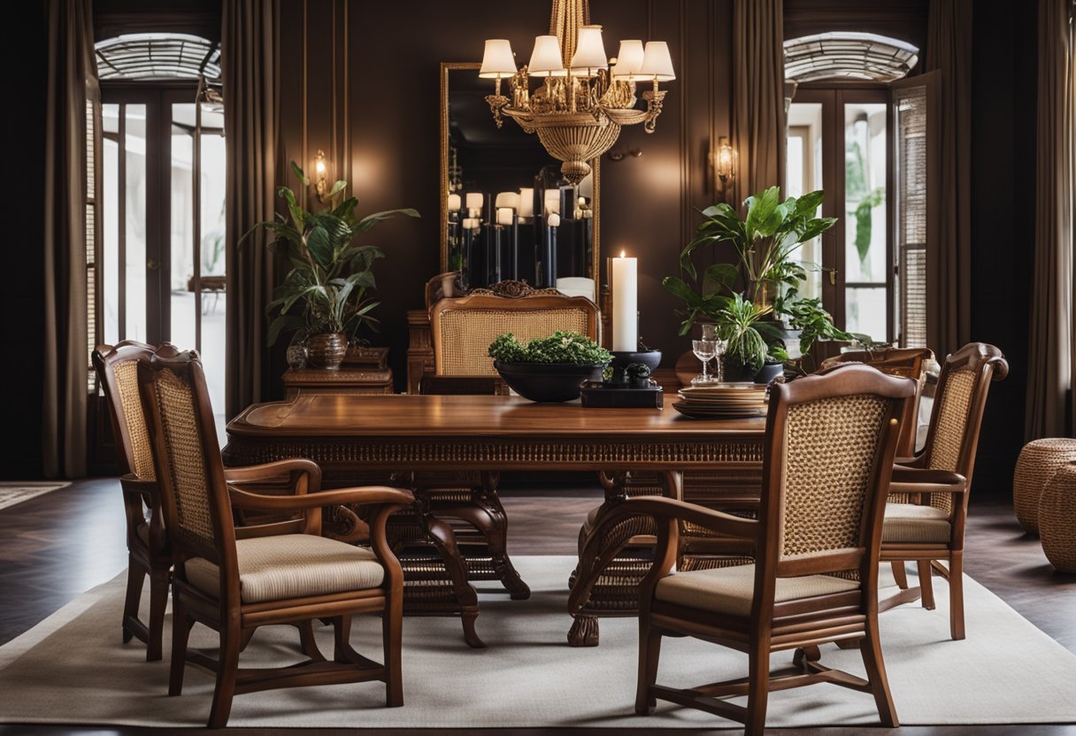 A room with teak wood furniture, rattan chairs, and colonial-style decor. Rich, dark colors and ornate details create a luxurious and elegant atmosphere