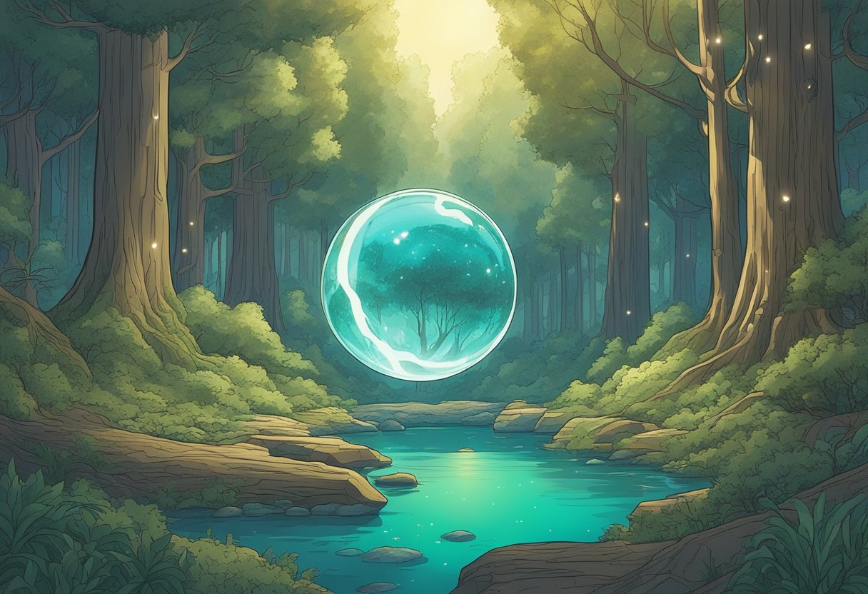 A glowing orb hovers over a tranquil forest, surrounded by ancient trees and sparkling streams