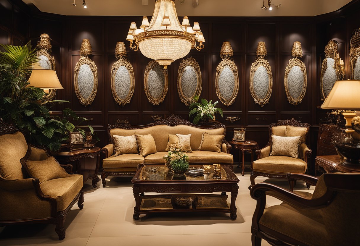 A colonial-style furniture showroom in Singapore with British-inspired designs. Rich wood tones, intricate carvings, and elegant upholstery on chairs and sofas. Classic lighting fixtures and decorative accessories add to the ambiance