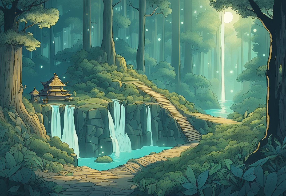 A misty forest clearing with ancient tomes and glowing orbs, surrounded by whispering trees and a shimmering waterfall
