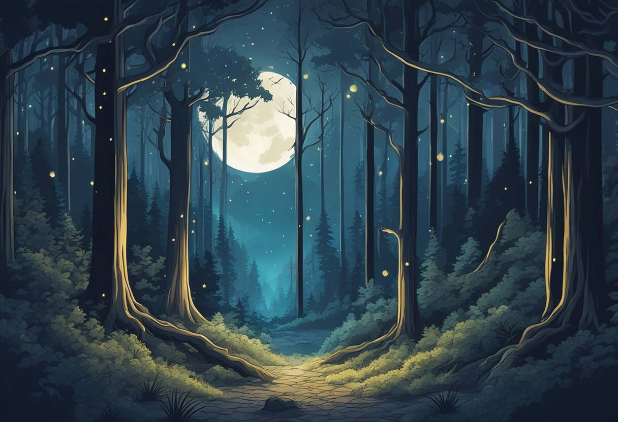 A dark forest with a moonlit clearing, surrounded by ancient trees and glowing fireflies