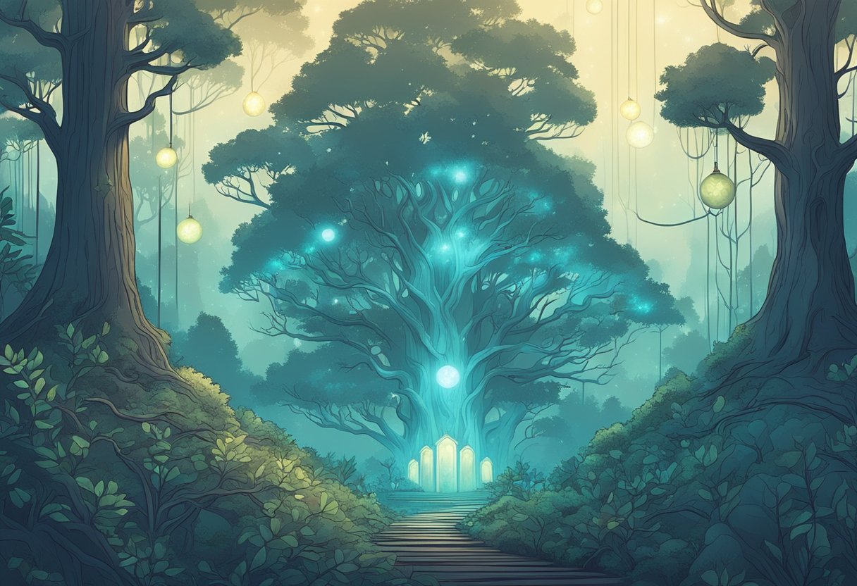 A magical forest with ancient trees and glowing orbs, surrounded by mist and twinkling stars