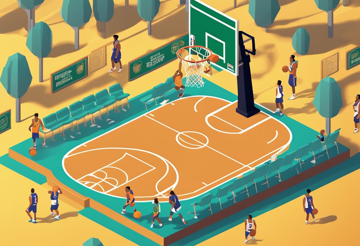 A basketball court with a baby-sized basketball hoop and a tiny basketball, surrounded by NBA team logos and colors