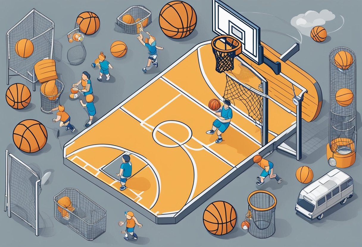 A brainstorming session with a basketball and baby-themed elements, such as a basketball hoop and baby toys, could be used to recreate the scene