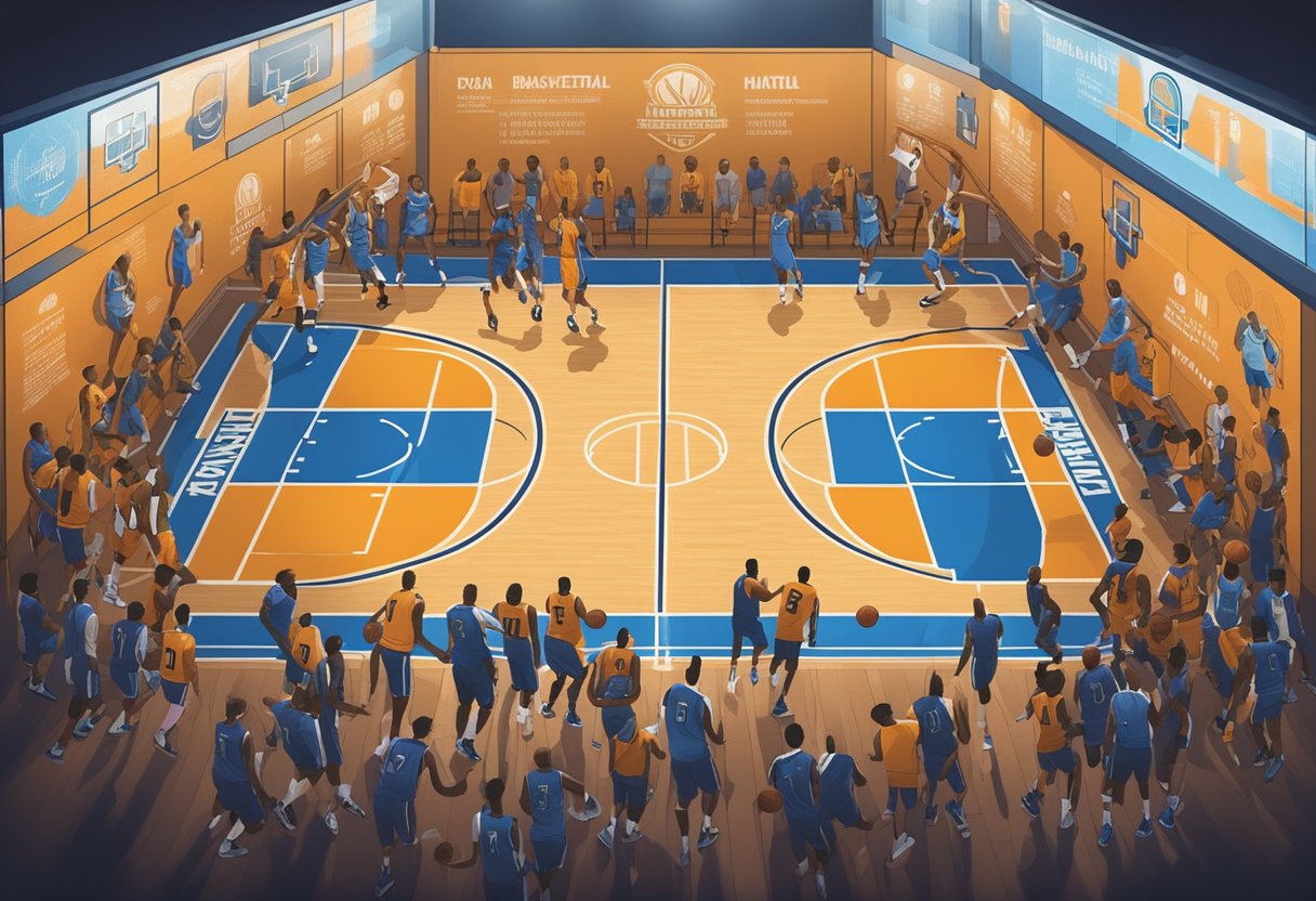 A basketball court with jerseys hanging on the wall, basketballs scattered around, and a list of popular NBA player names displayed prominently