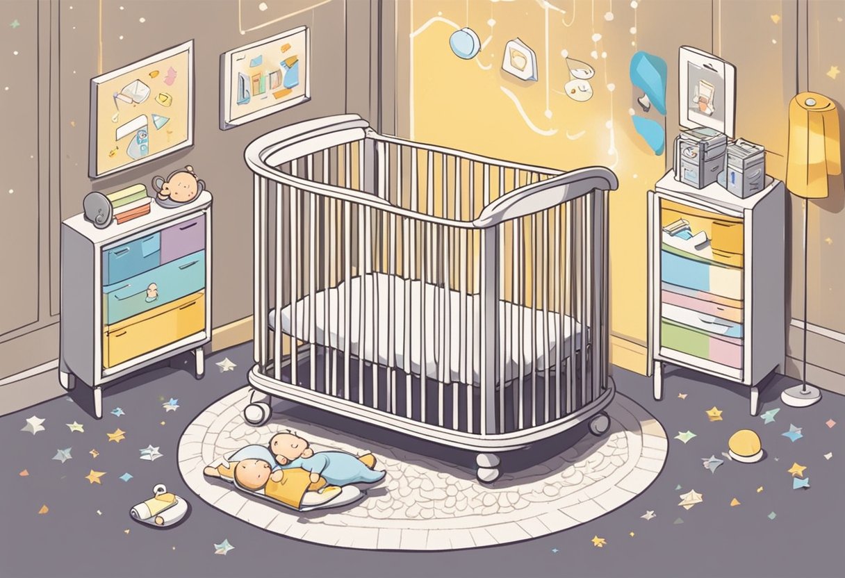 A newborn baby lies in a cozy crib, surrounded by colorful name options written on paper and scattered around the room