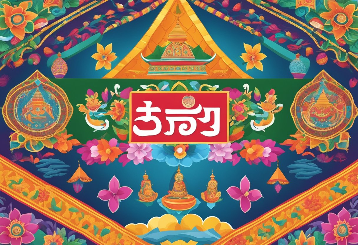 A colorful banner with "Baby Names Nepali" written in bold, traditional Nepali script. Surrounding the banner are vibrant illustrations of traditional Nepali symbols and motifs