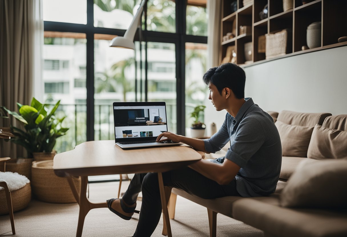 A person browsing through various budget-friendly furniture options on a laptop in a cozy living room setting in Singapore