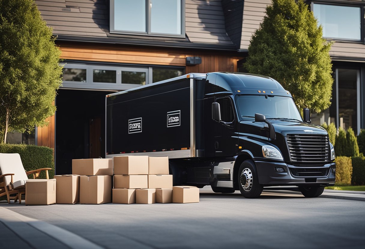 A delivery truck parked outside a modern home, unloading boxes of furniture. A happy customer inside, browsing the website on their phone