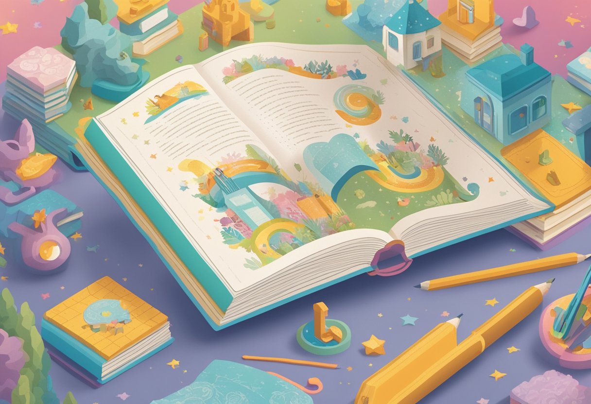 A gender-neutral baby name book sits open on a table, surrounded by colorful, whimsical illustrations and playful typography