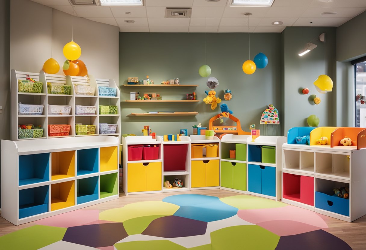 A brightly lit showroom displays a range of colorful and durable childcare furniture. Shelves are neatly organized with cribs, high chairs, and play tables