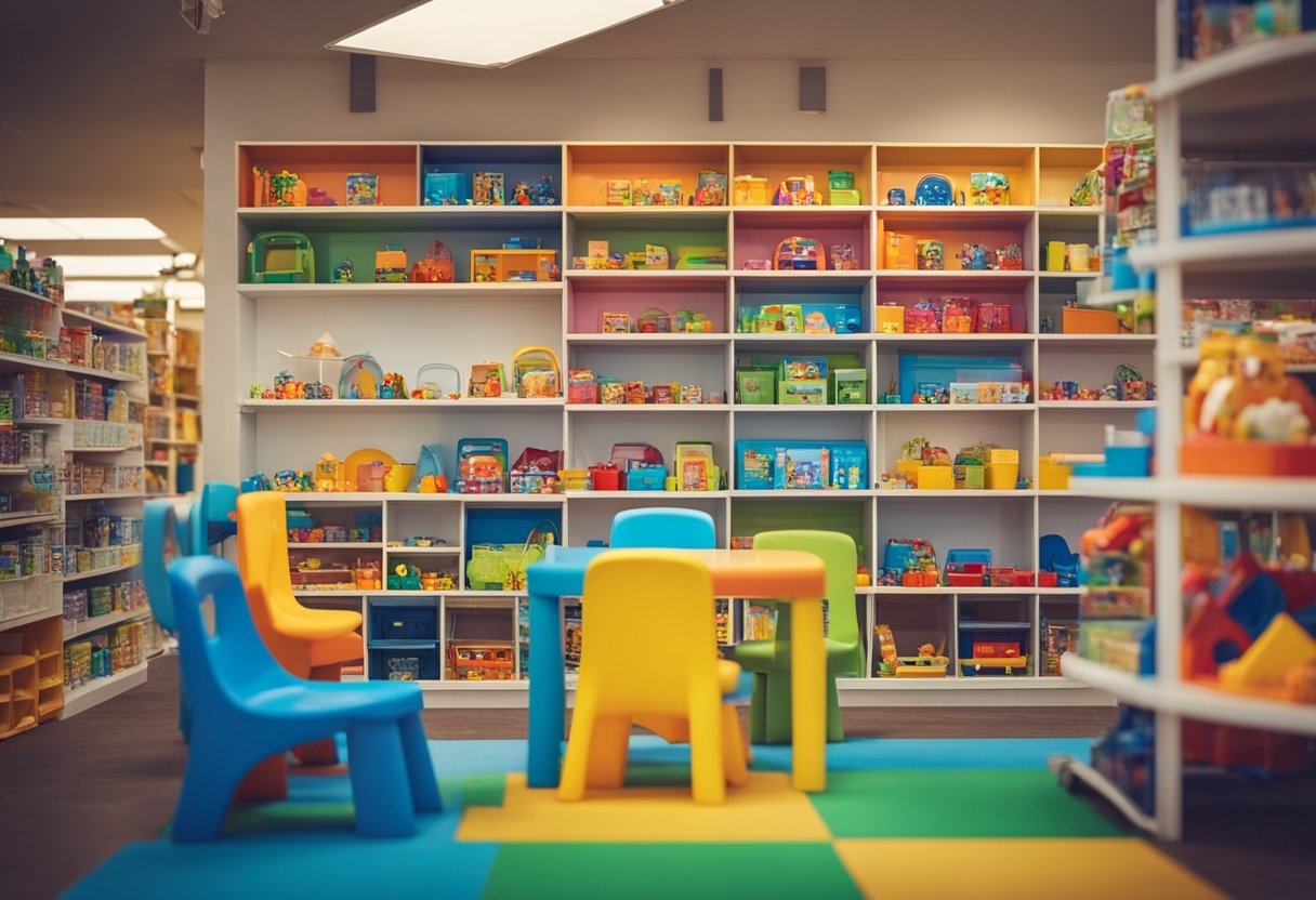 Children's chairs and tables arranged in a colorful and inviting display. Brightly colored shelves stocked with toys and educational materials. A friendly staff member assisting a customer