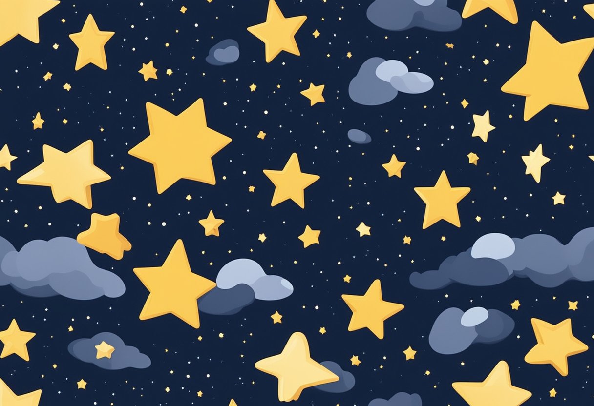 A starry night sky with floating baby names in glowing letters