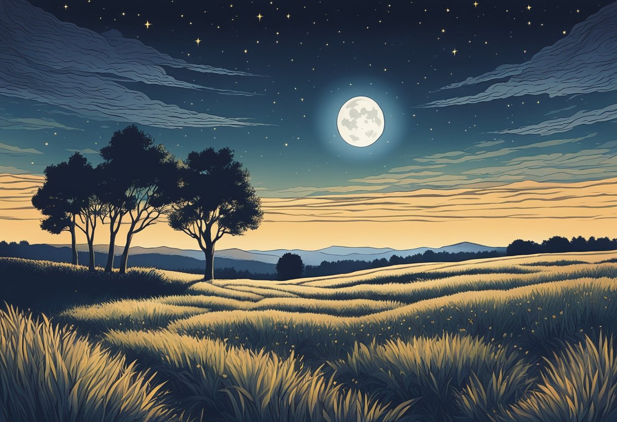 A starry night sky with moonlight casting a soft glow over a peaceful meadow, where a gentle breeze rustles the tall grass and wildflowers