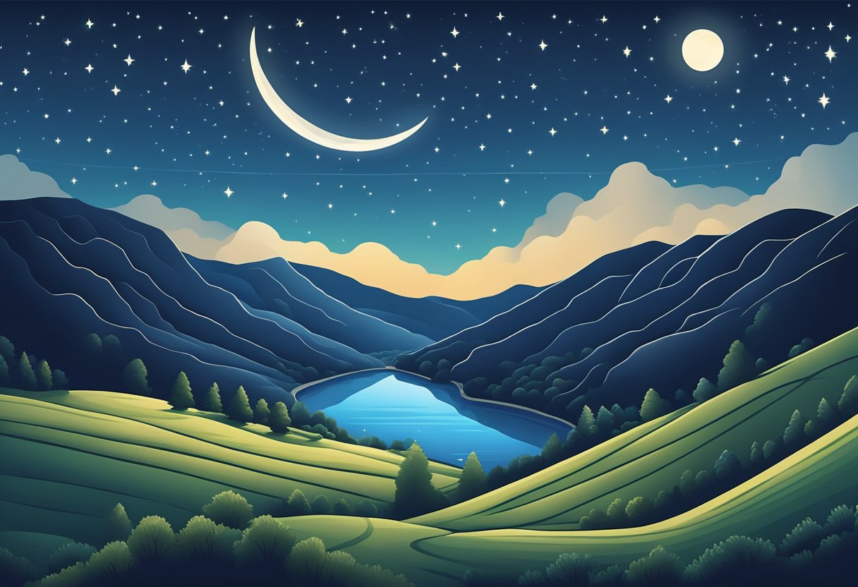 A starry night sky with a crescent moon shining above a peaceful landscape of rolling hills and a calm river