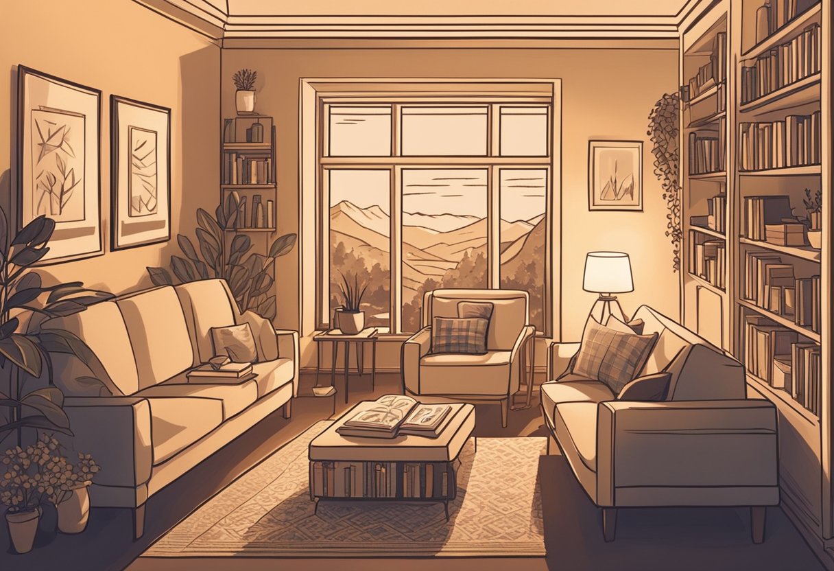 A cozy living room with a warm glow from a fireplace, a stack of baby name books on a coffee table, and a couple sitting on a comfortable couch, deep in conversation