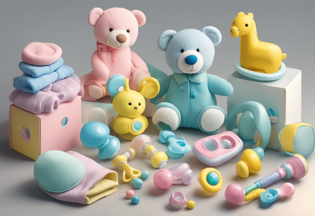 A collection of baby items like rattles, onesies, and pacifiers arranged in a playful and colorful display