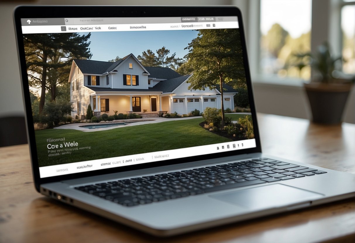 A laptop displaying a real estate listing website with a photo of a modern house, a detailed description, and contact information