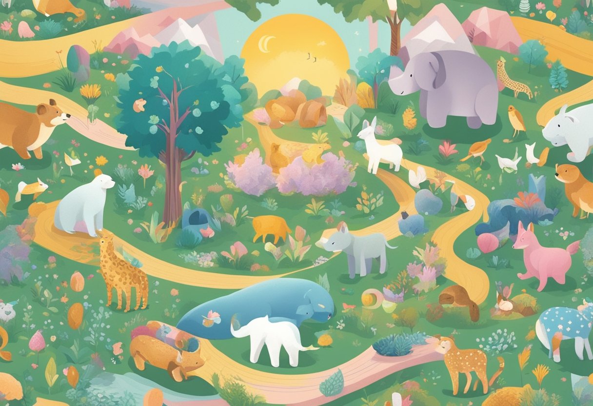 A colorful array of unique and uncommon baby names arranged in a whimsical font, surrounded by playful illustrations of animals, nature, and celestial elements