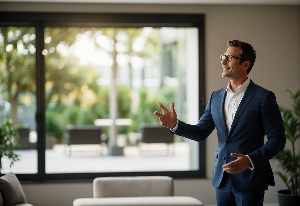 A real estate agent stands in front of a large screen, presenting a slideshow of property listings to potential clients. The room is filled with natural light, and the agent gestures confidently as they speak