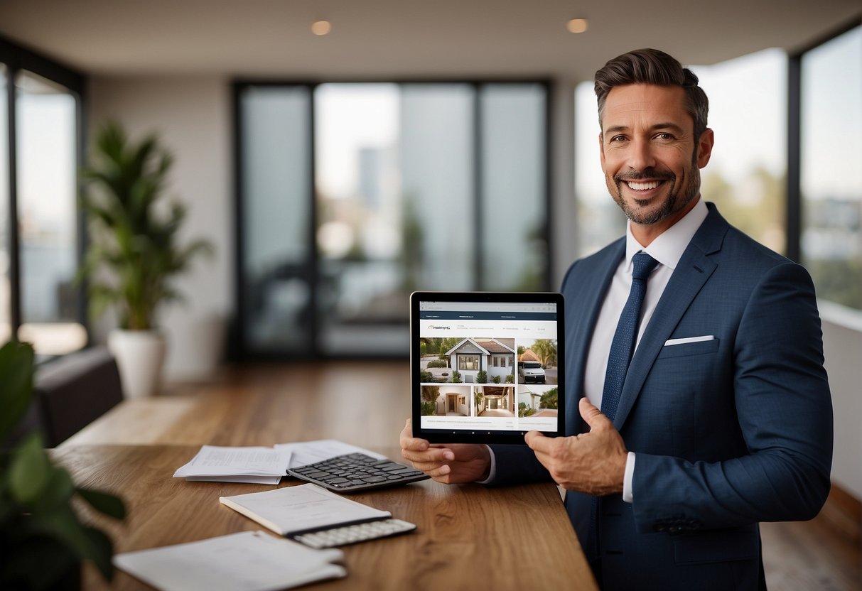 A real estate agent presents a content strategy for a listing, using visuals and data to showcase property features and attract potential buyers