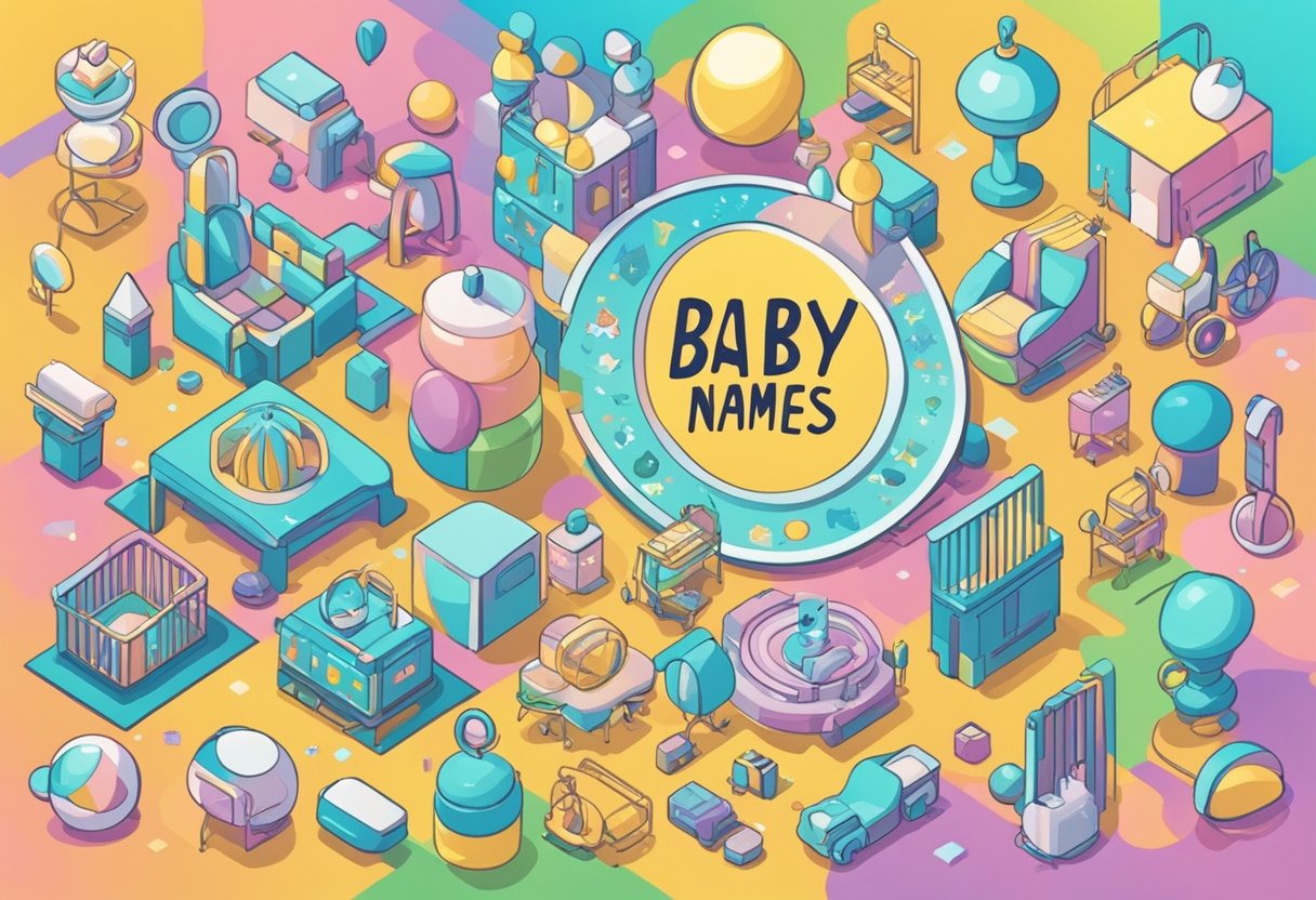 A colorful array of gender-neutral symbols and objects surrounds the words "baby names nonbinary."