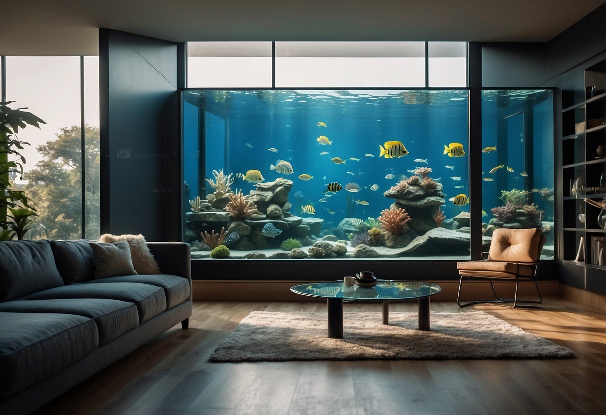 A serene living room with a large aquarium as the focal point. Sunlight filters through the water, casting mesmerizing patterns on the walls