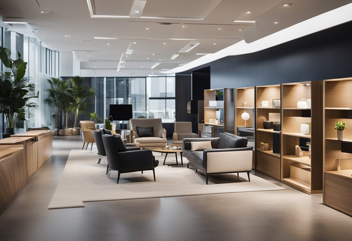 A person is choosing modern executive furniture in a spacious, well-lit showroom with a variety of sleek, high-quality options on display