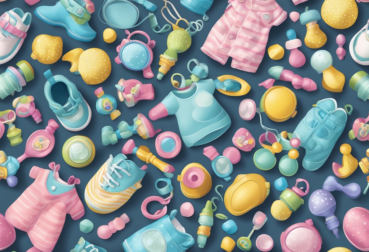 A colorful array of baby-related items, such as rattles, pacifiers, and tiny shoes, arranged in a playful and whimsical manner
