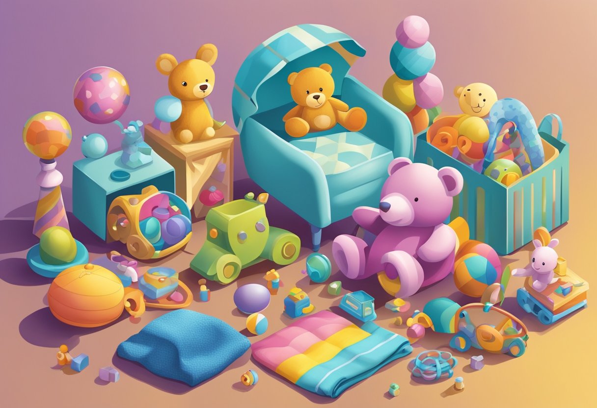 A colorful array of baby items, like rattles, toys, and blankets, arranged in a playful and inviting manner