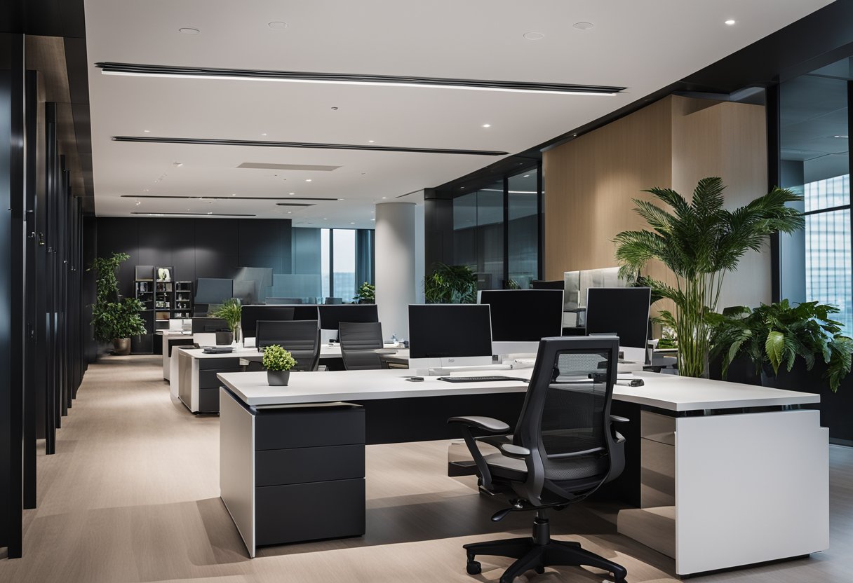 A sleek, modern office setting with stylish executive furniture in Singapore. Clean lines, high-quality materials, and a professional atmosphere