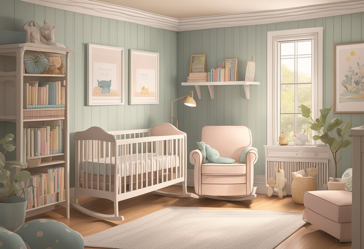 A nursery with soft pastel colors and a cozy rocking chair, with a bookshelf filled with classic children's books and a personalized name sign for "Oakley" on the wall