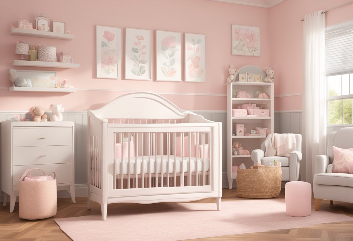 A cozy nursery with soft pink walls and a white oakley-themed crib. A shelf displays baby girl middle name options in pretty frames