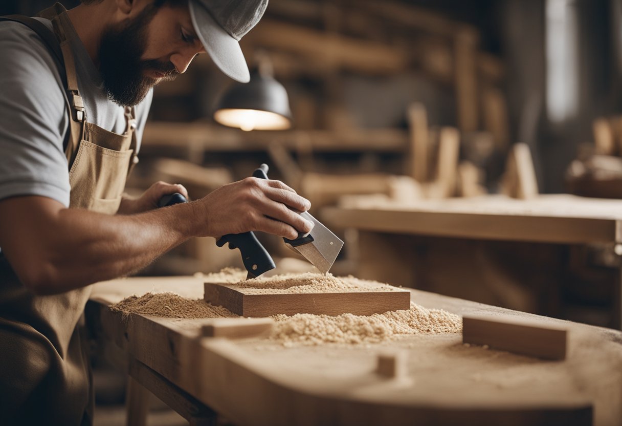 A carpenter carefully chisels intricate designs into a wooden chair, surrounded by sawdust and various tools in a well-lit workshop