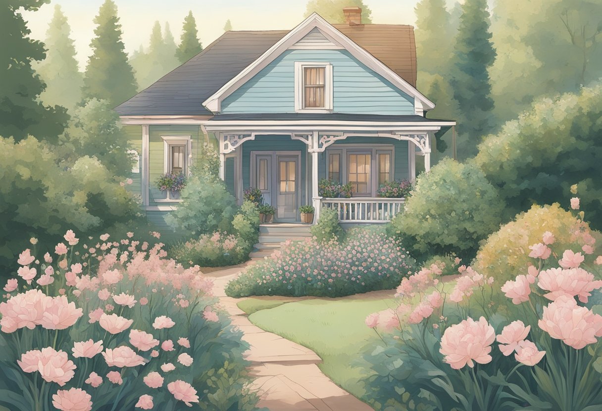 Oakley surrounded by delicate floral arrangements, with a soft, pastel color palette. A gentle breeze rustles the flowers, creating a serene and peaceful atmosphere