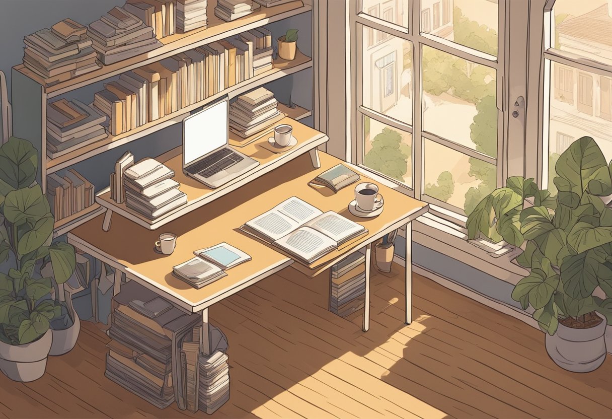 A cozy, sunlit room with a desk covered in baby name books and a laptop open to a list of middle names for girls. A cup of tea sits nearby