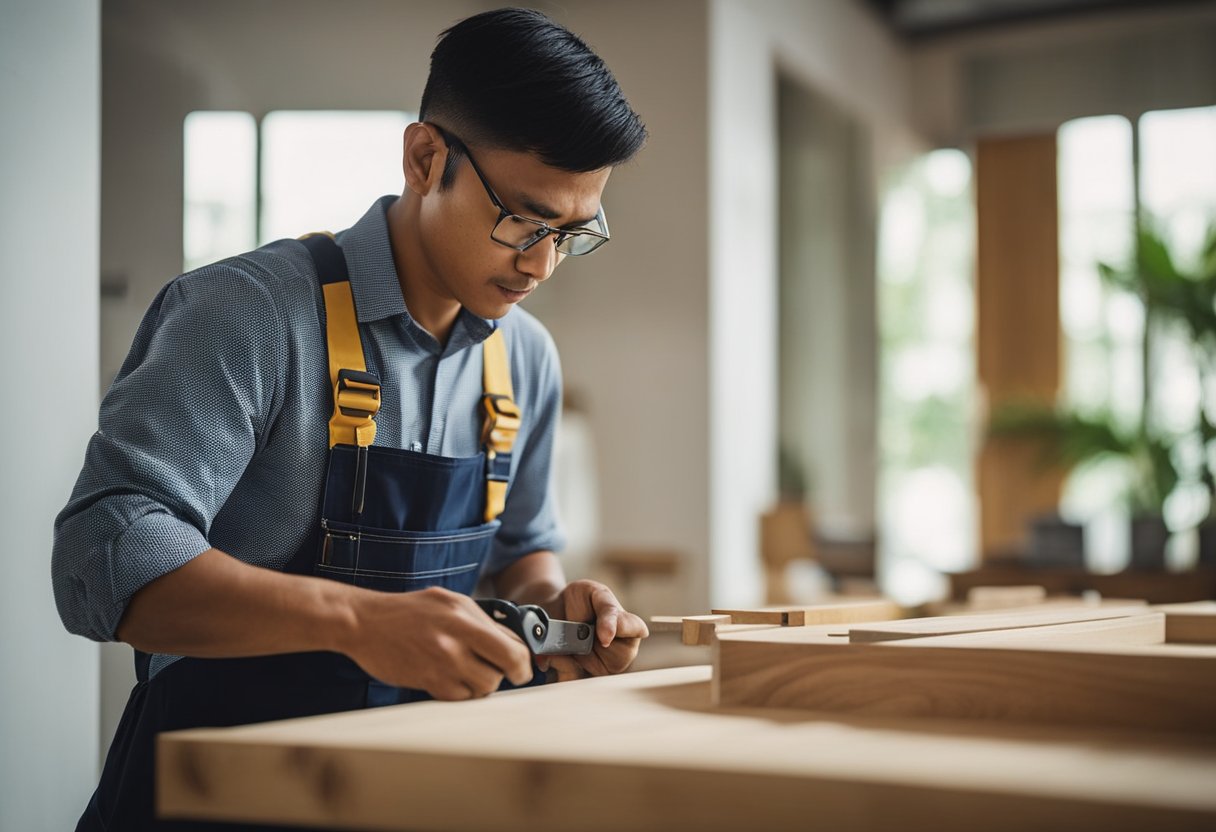 A carpenter in Singapore carefully measures and cuts wood to create custom furniture, ensuring both design and functionality are tailored to fit the spaces in a home