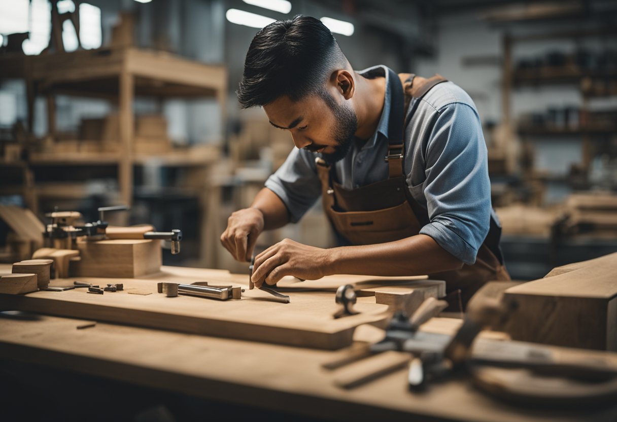 A carpenter in Singapore skillfully crafting furniture, surrounded by various tools and materials in a well-lit workshop