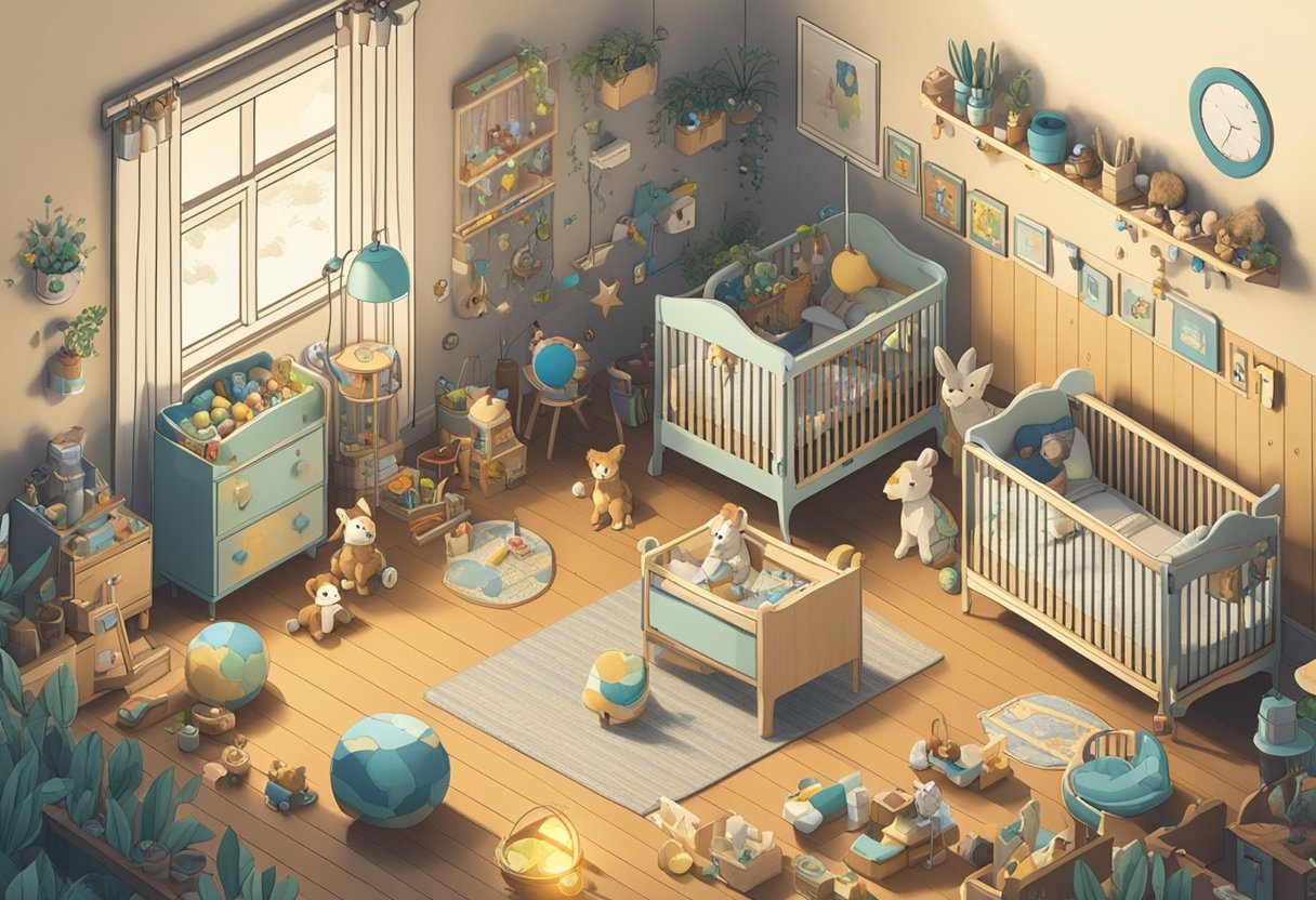 A chaotic nursery with wild, mismatched name plaques and toys scattered everywhere