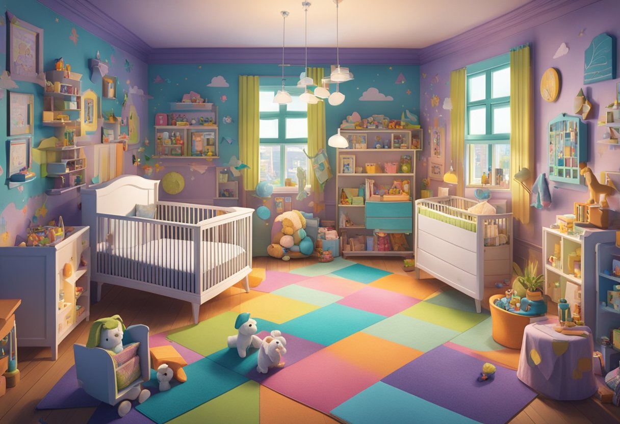 A chaotic nursery with bold, mismatched name plaques and colorful, over-the-top decorations