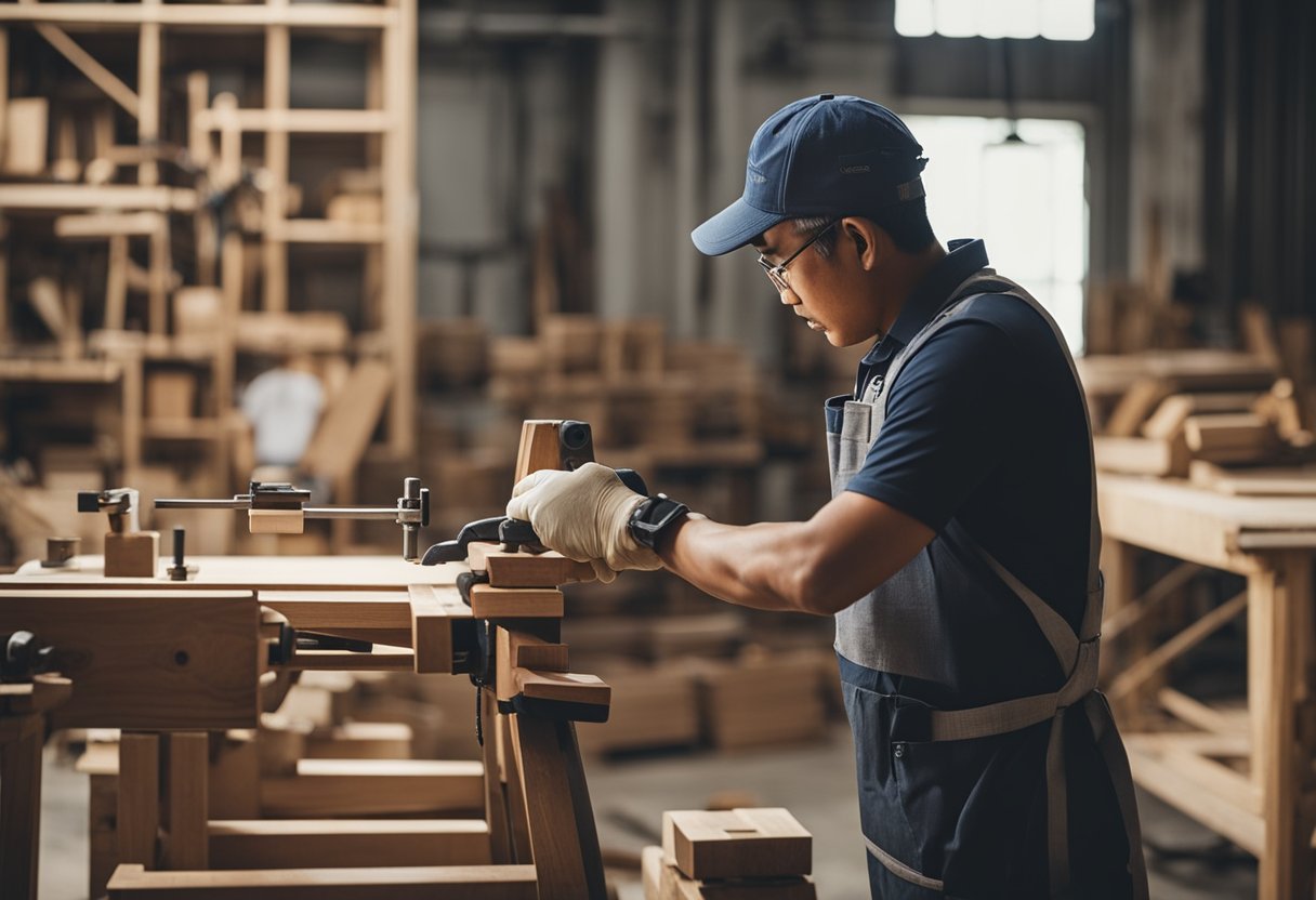 A carpenter in Singapore is crafting a wooden chair with precision tools and measuring equipment in a well-lit workshop