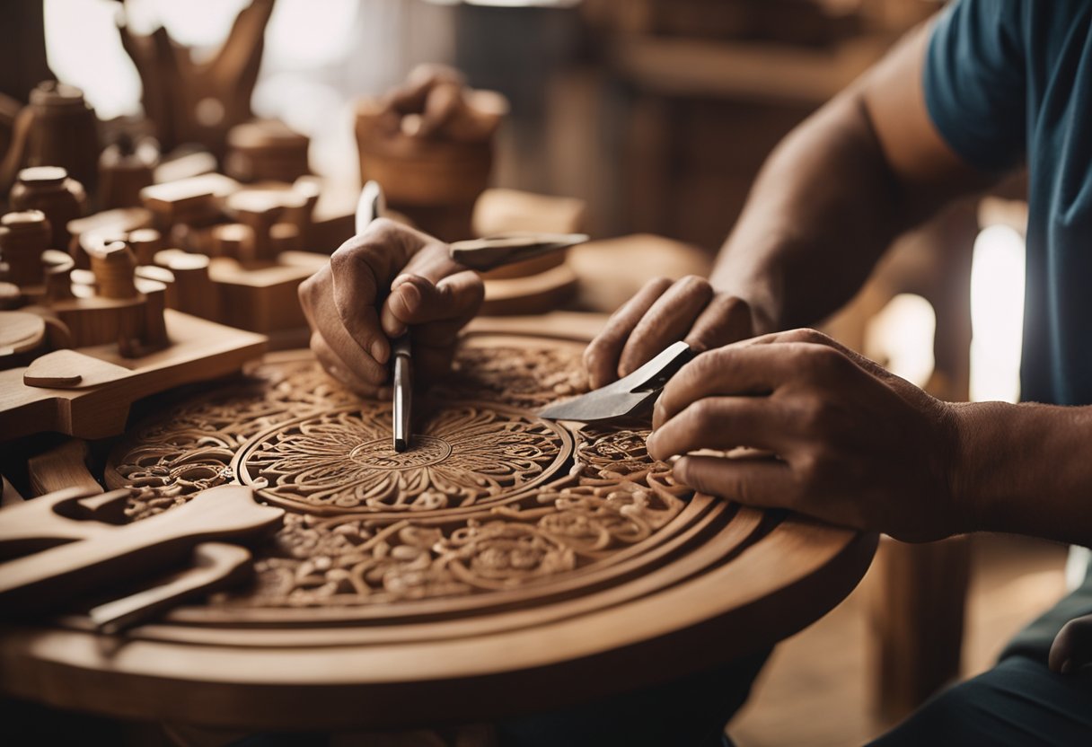 A craftsman carefully carves intricate designs into a teak wood chair, surrounded by traditional woodworking tools and finished furniture pieces