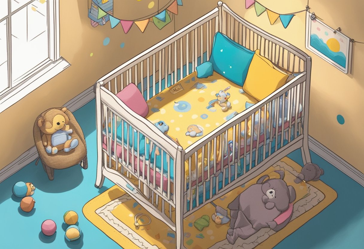 A crib with colorful mobile hanging above, soft toys scattered around, and a cozy blanket with the words "baby oh names" embroidered on it