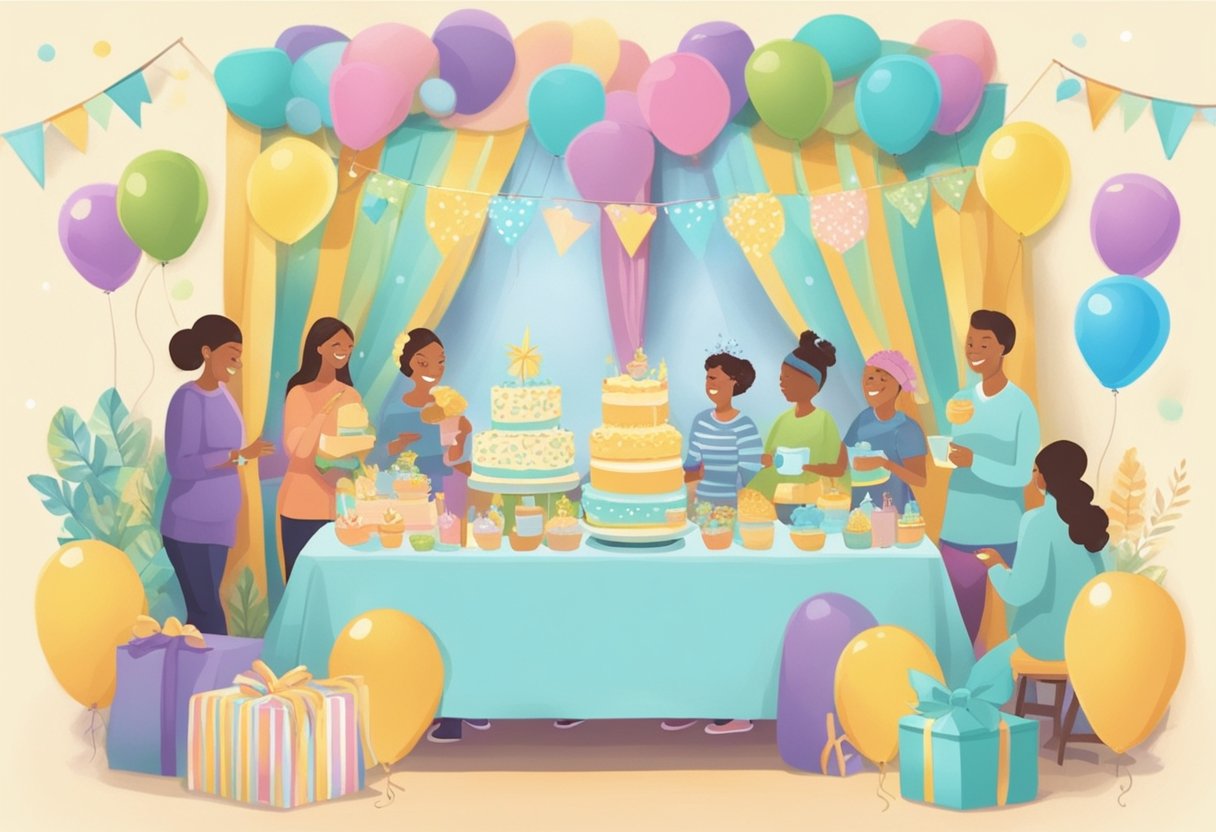 A joyful baby shower with colorful decorations and a banner reading "Good Names" in a cozy, inviting atmosphere