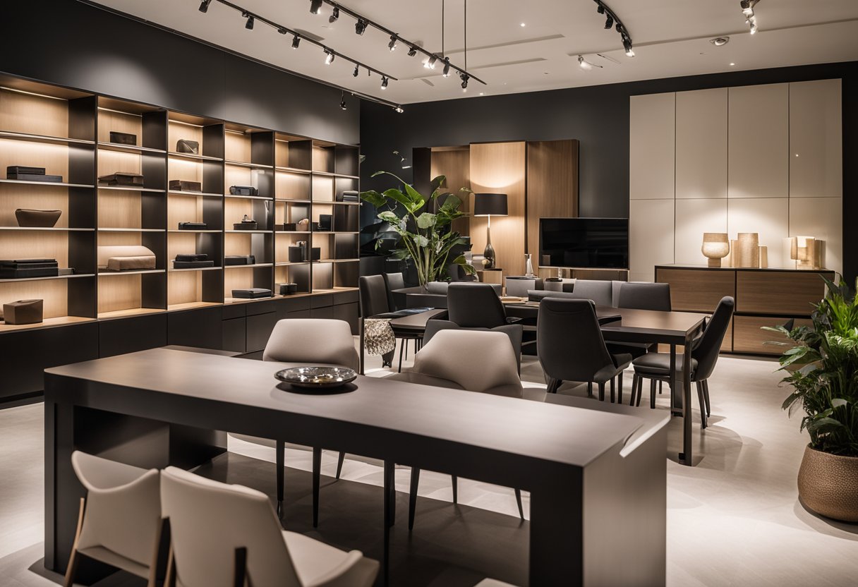 A modern showroom with sleek, minimalist furniture displayed in a spacious, well-lit setting at Greyhammer Furniture Singapore