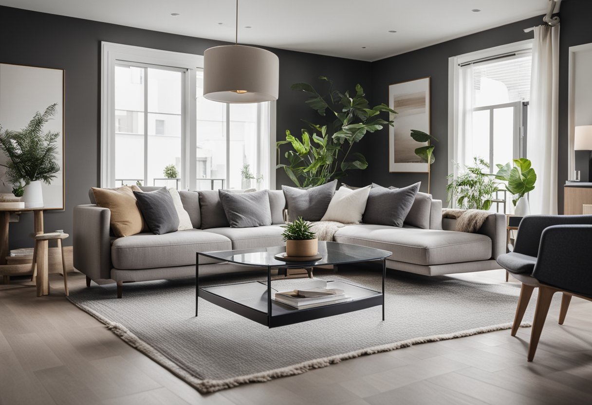 A modern living room with sleek, minimalist furniture from Greyhammer. Clean lines, neutral colors, and a cozy ambiance